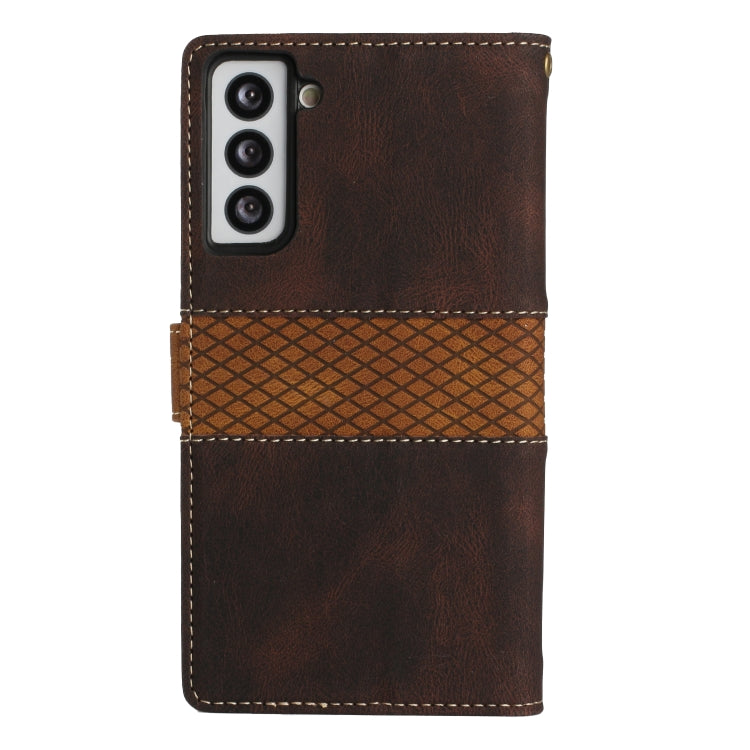 For Samsung Galaxy S21 5G Grid Stitching Leather Phone Case with Lanyard