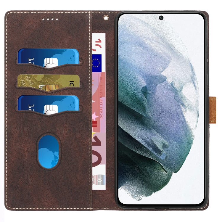 For Samsung Galaxy S21 5G Grid Stitching Leather Phone Case with Lanyard