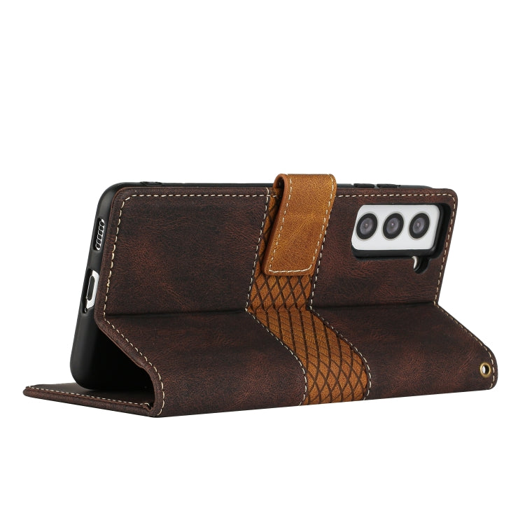 For Samsung Galaxy S21 5G Grid Stitching Leather Phone Case with Lanyard
