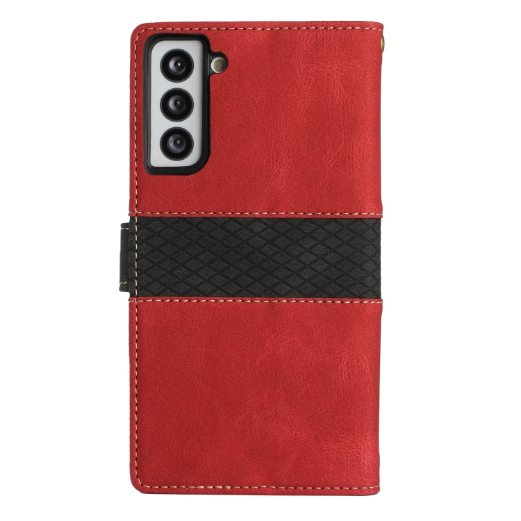 For Samsung Galaxy S21 5G Grid Stitching Leather Phone Case with Lanyard