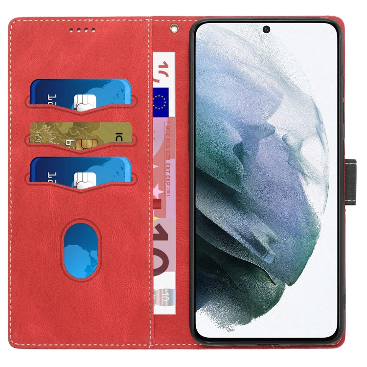 For Samsung Galaxy S21 5G Grid Stitching Leather Phone Case with Lanyard