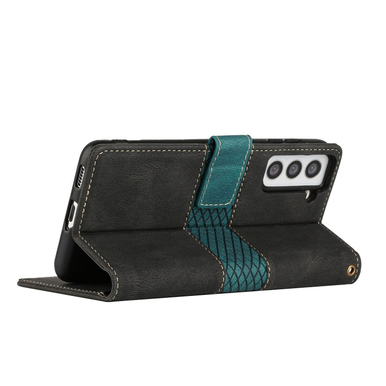 For Samsung Galaxy S21 5G Grid Stitching Leather Phone Case with Lanyard