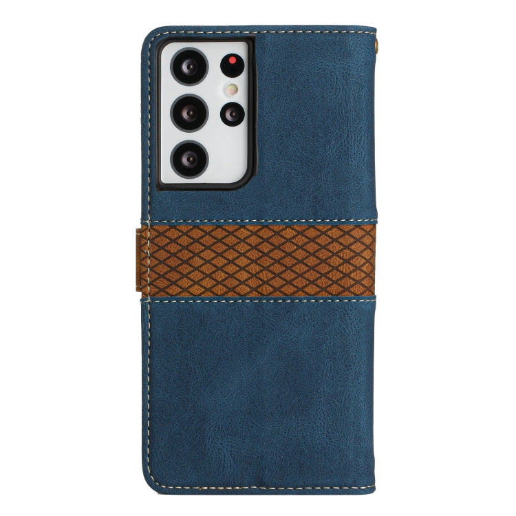 For Samsung Galaxy S21 Ultra 5G Grid Stitching Leather Phone Case with Lanyard