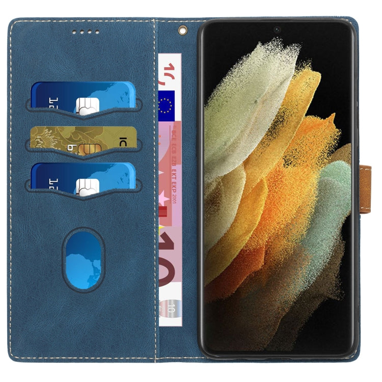 For Samsung Galaxy S21 Ultra 5G Grid Stitching Leather Phone Case with Lanyard