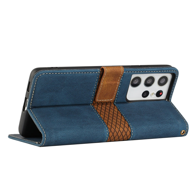 For Samsung Galaxy S21 Ultra 5G Grid Stitching Leather Phone Case with Lanyard