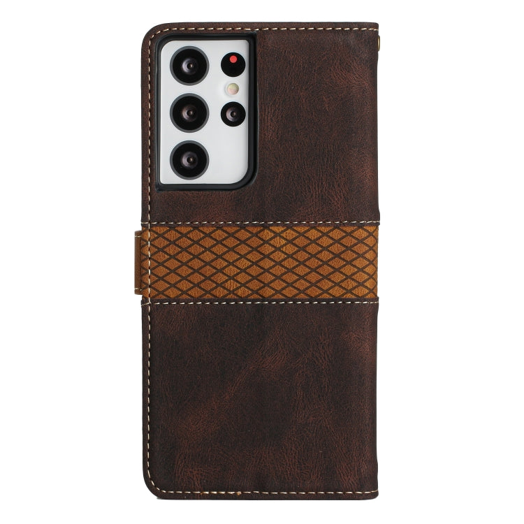 For Samsung Galaxy S21 Ultra 5G Grid Stitching Leather Phone Case with Lanyard