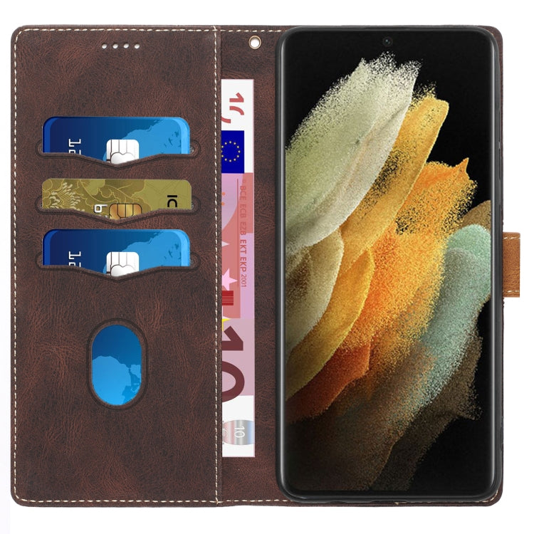 For Samsung Galaxy S21 Ultra 5G Grid Stitching Leather Phone Case with Lanyard