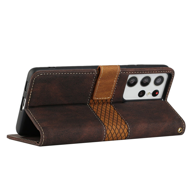 For Samsung Galaxy S21 Ultra 5G Grid Stitching Leather Phone Case with Lanyard