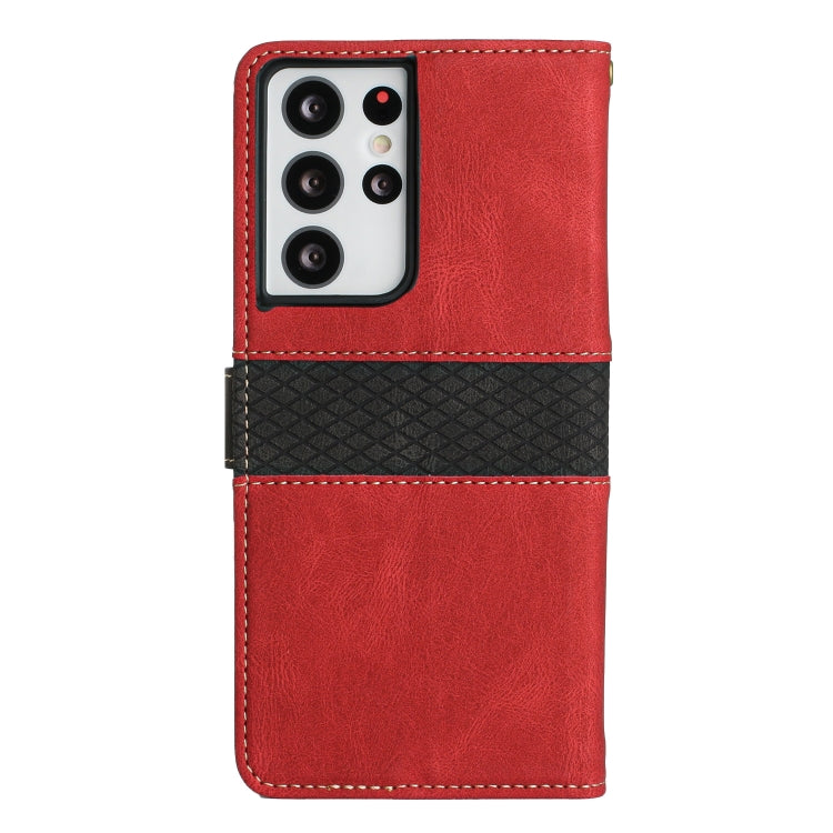 For Samsung Galaxy S21 Ultra 5G Grid Stitching Leather Phone Case with Lanyard