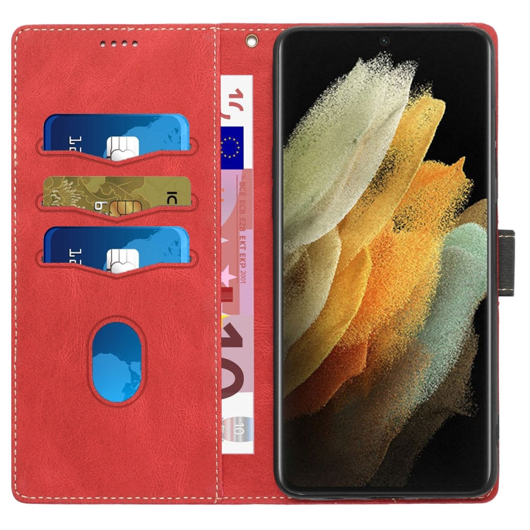 For Samsung Galaxy S21 Ultra 5G Grid Stitching Leather Phone Case with Lanyard