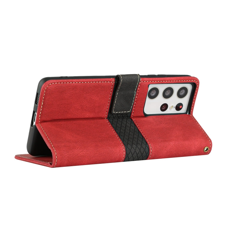 For Samsung Galaxy S21 Ultra 5G Grid Stitching Leather Phone Case with Lanyard