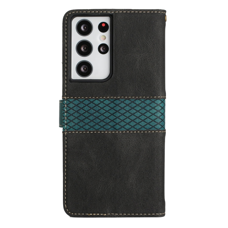 For Samsung Galaxy S21 Ultra 5G Grid Stitching Leather Phone Case with Lanyard