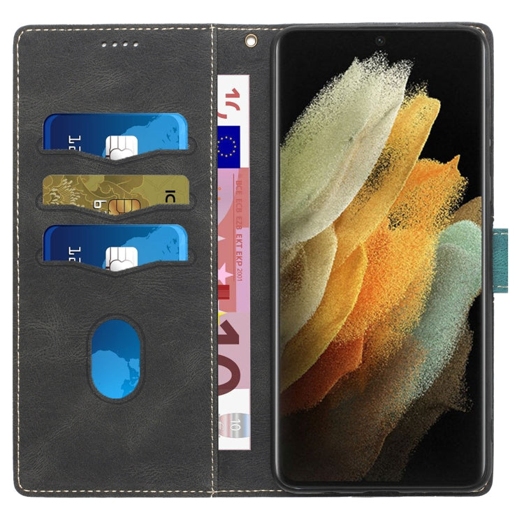 For Samsung Galaxy S21 Ultra 5G Grid Stitching Leather Phone Case with Lanyard
