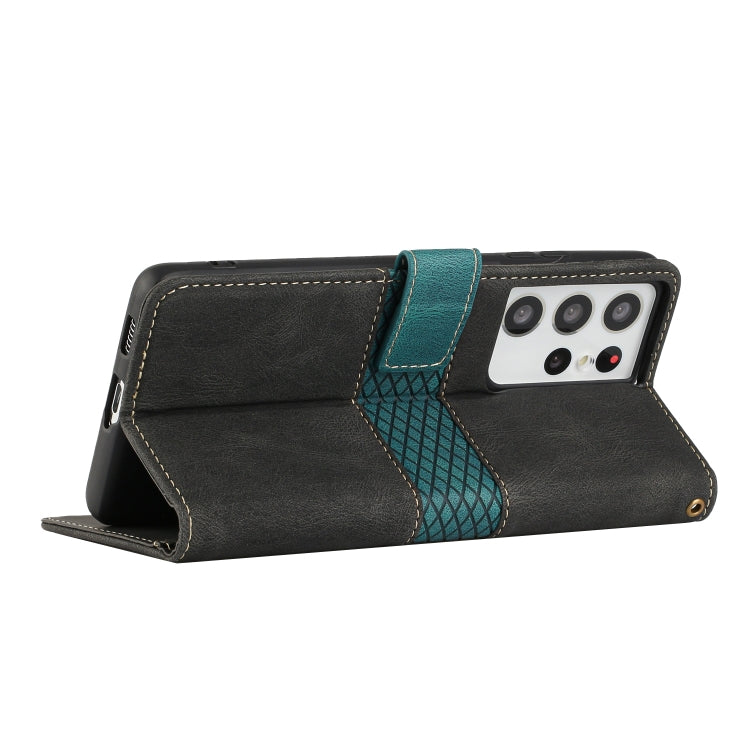 For Samsung Galaxy S21 Ultra 5G Grid Stitching Leather Phone Case with Lanyard