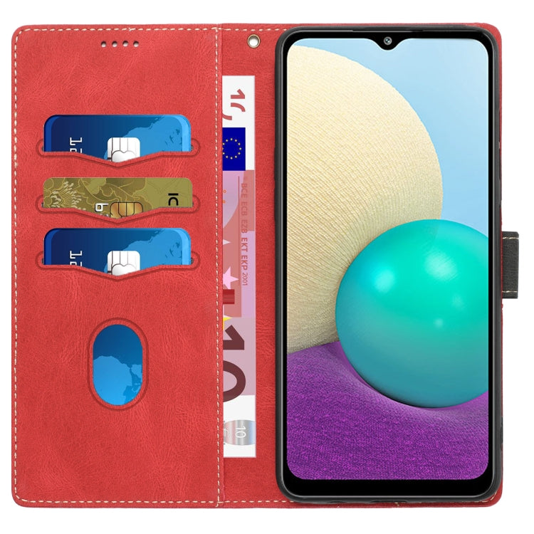 For Samsung Galaxy A02 / M02 Grid Stitching Leather Phone Case with Lanyard