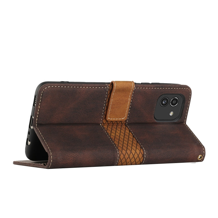 For Samsung Galaxy A03 Grid Stitching Leather Phone Case with Lanyard