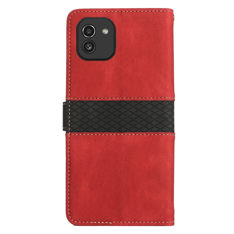 For Samsung Galaxy A03 Grid Stitching Leather Phone Case with Lanyard
