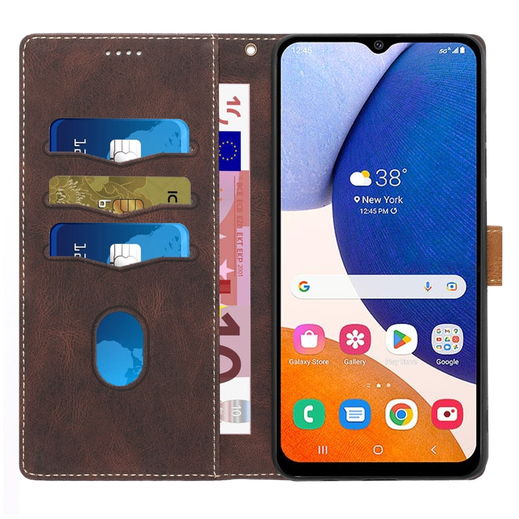 For Samsung Galaxy A05s Grid Stitching Leather Phone Case with Lanyard
