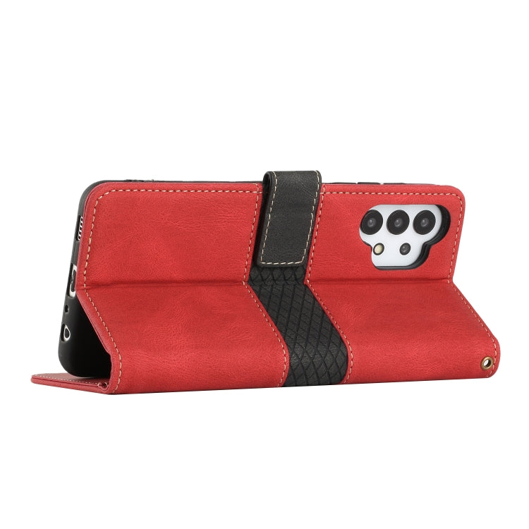 For Samsung Galaxy A32 4G Grid Stitching Leather Phone Case with Lanyard
