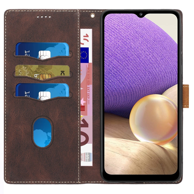 For Samsung Galaxy A32 5G Grid Stitching Leather Phone Case with Lanyard