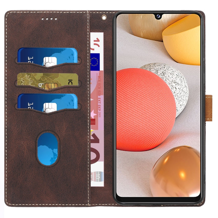 For Samsung Galaxy A42 / M42 5G Grid Stitching Leather Phone Case with Lanyard