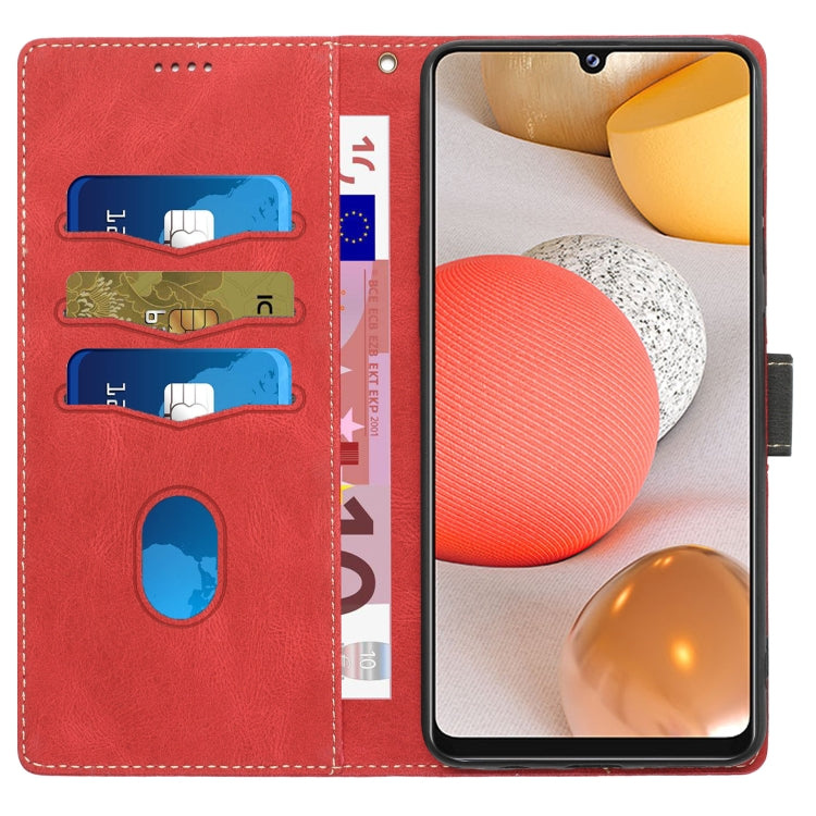 For Samsung Galaxy A42 / M42 5G Grid Stitching Leather Phone Case with Lanyard