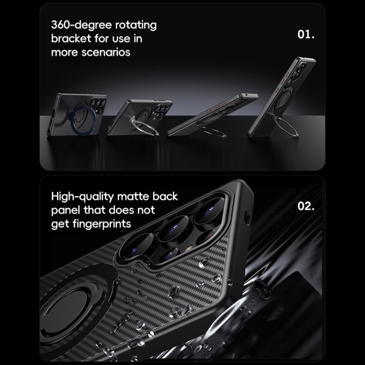 For Samsung Galaxy S25 Ultra 5G Carbon Fiber MagSafe Phone Case with 360 Degree Rotating Holder
