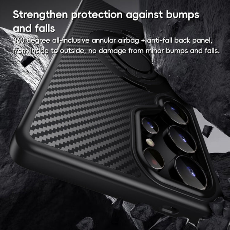 For Samsung Galaxy S25 Ultra 5G Carbon Fiber MagSafe Phone Case with 360 Degree Rotating Holder