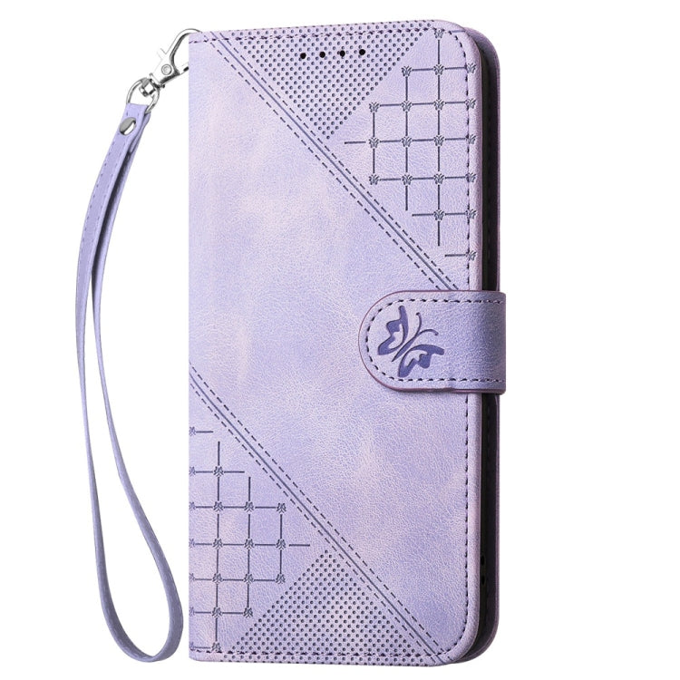 For Samsung Galaxy A26 5G Grid Butterfly Embossed Pattern Leather Phone Case with Lanyard