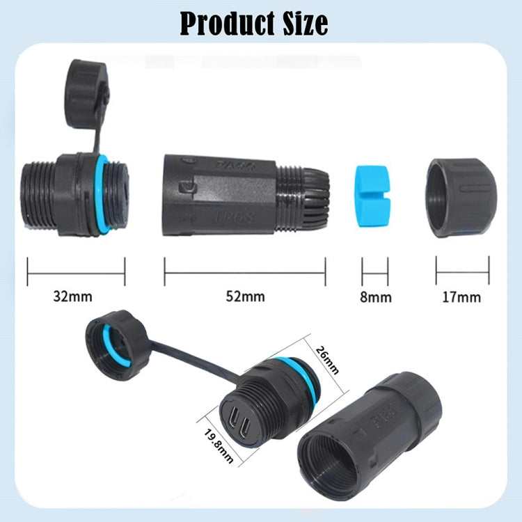 10Gpbs IP68 Waterproof Dual Ports Type-C Female to Female Straight Coupler Adapter With Protective Cover