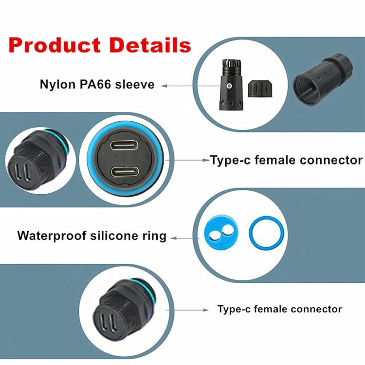 10Gpbs IP68 Waterproof Dual Ports Type-C Female to Female Straight Coupler Adapter With Protective Cover