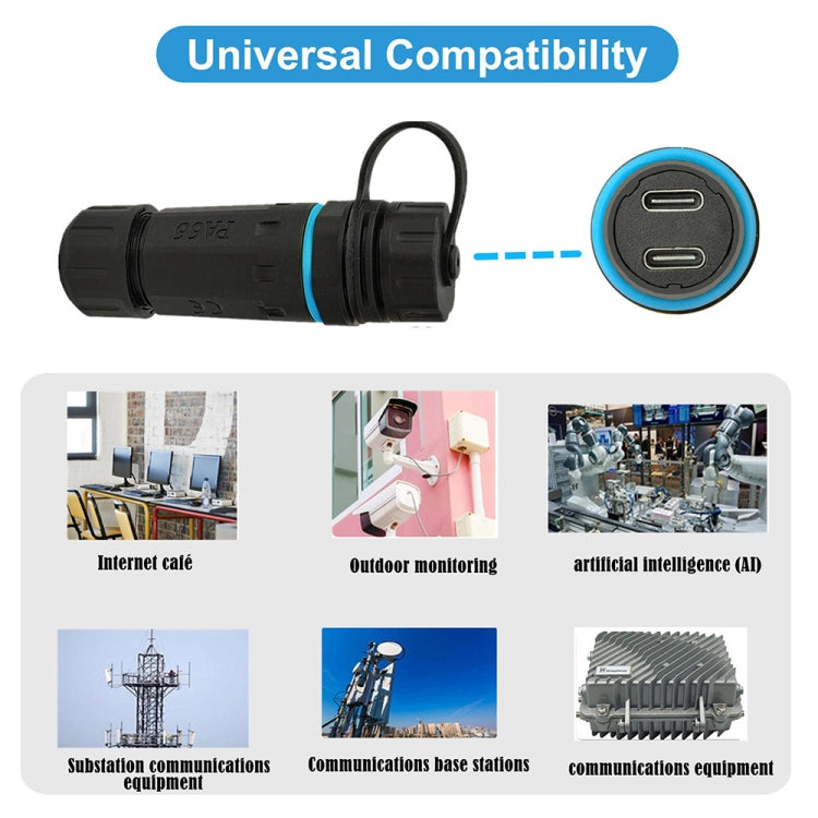 10Gpbs IP68 Waterproof Dual Ports Type-C Female to Female Straight Coupler Adapter With Protective Cover