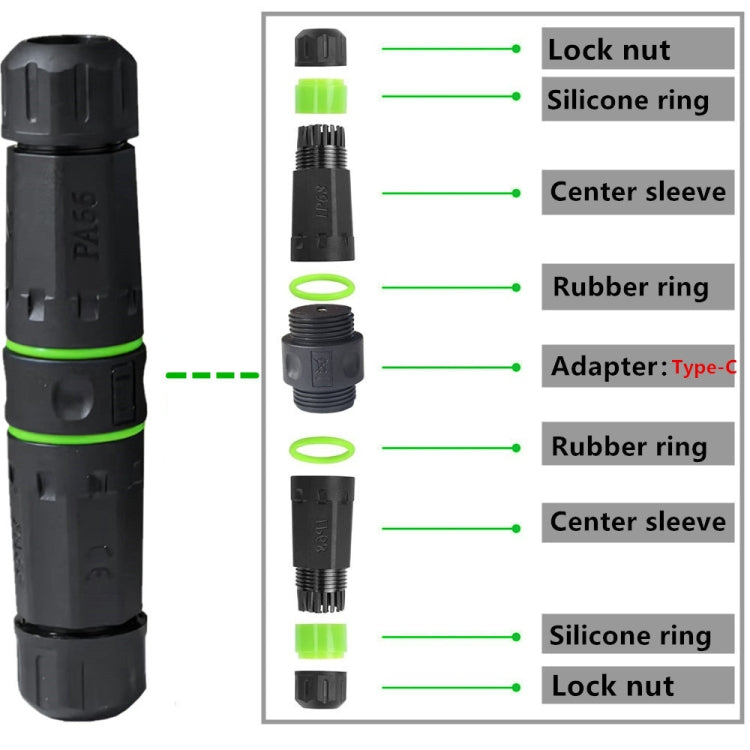 10Gpbs Outdoor IP68 Waterproof Single Port Type-C Female to Female Straight Coupler Adapter