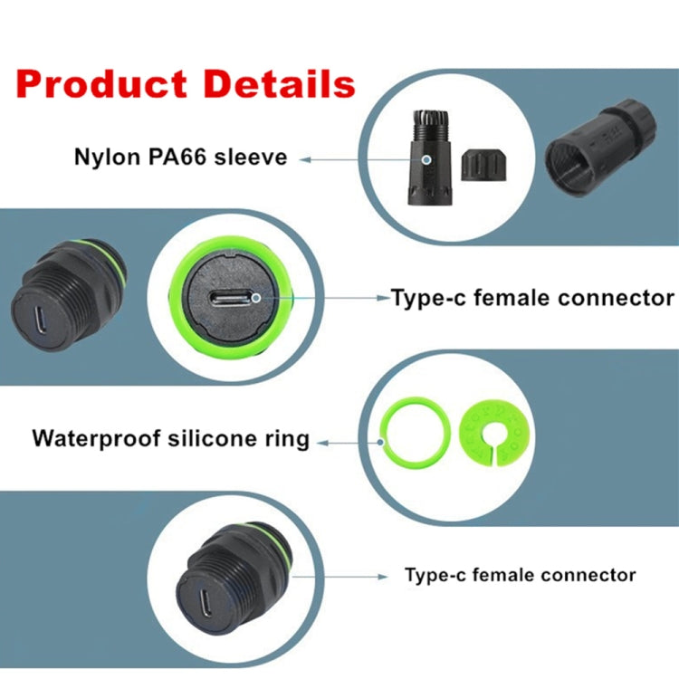 10Gpbs Outdoor IP68 Waterproof Single Port Type-C Female to Female Straight Coupler Adapter