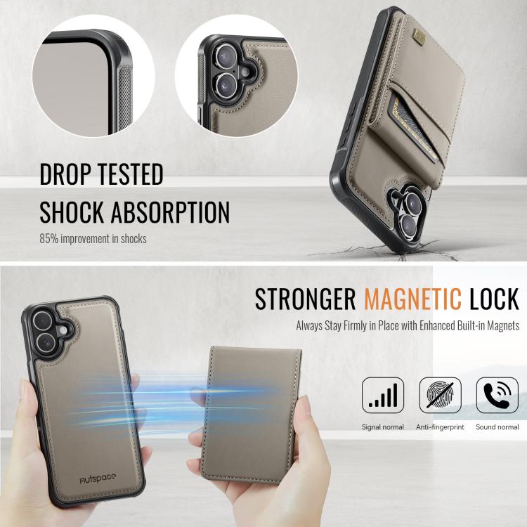 For iPhone 16 Plus AutSpace A12 MagSafe Magnetic RFID Card Bag Phone Case