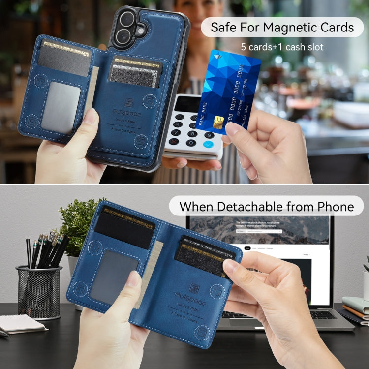 For iPhone 16 Plus AutSpace A13 MagSafe Magnetic RFID Flip Card Bag Phone Case