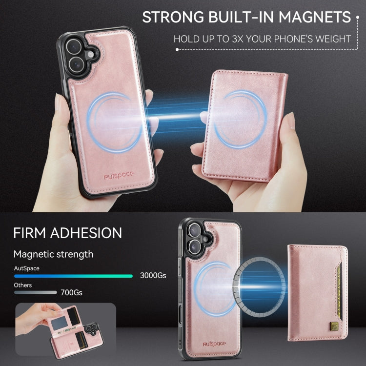 For iPhone 16 Plus AutSpace A13 MagSafe Magnetic RFID Flip Card Bag Phone Case