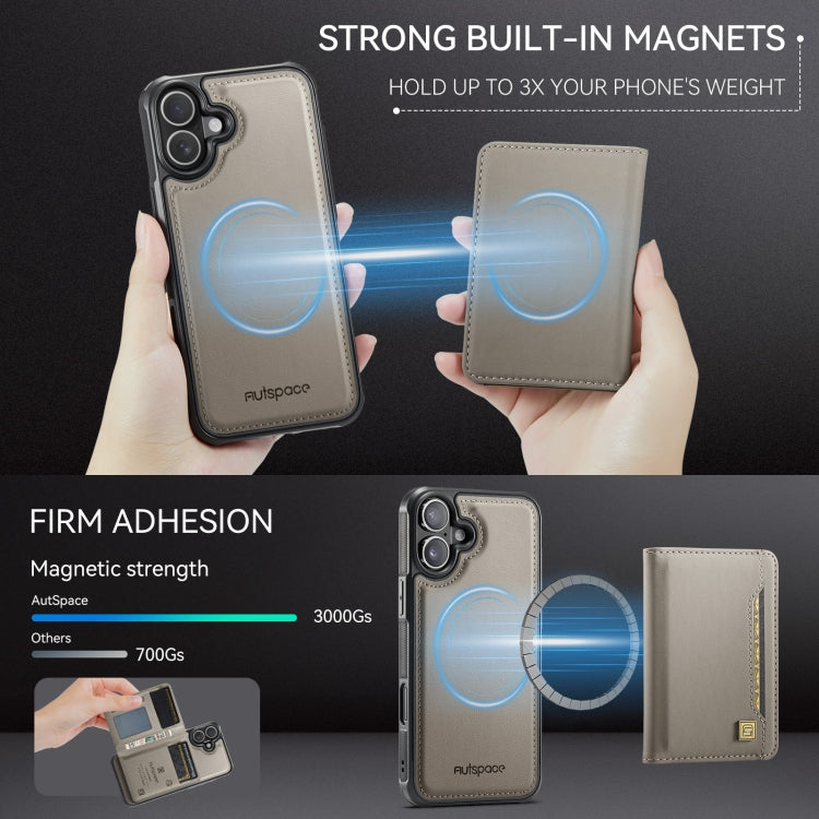 For iPhone 16 Plus AutSpace A13 MagSafe Magnetic RFID Flip Card Bag Phone Case