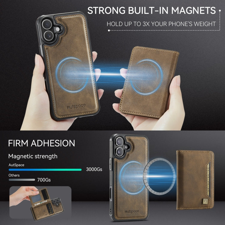 For iPhone 16 AutSpace A13 MagSafe Magnetic RFID Flip Card Bag Phone Case