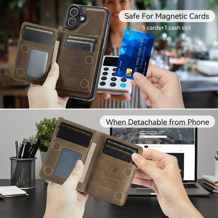 For iPhone 16 AutSpace A13 MagSafe Magnetic RFID Flip Card Bag Phone Case