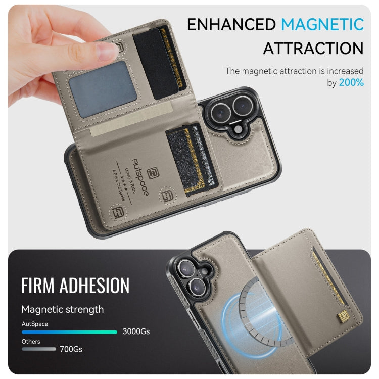 For iPhone 16 AutSpace A13 MagSafe Magnetic RFID Flip Card Bag Phone Case