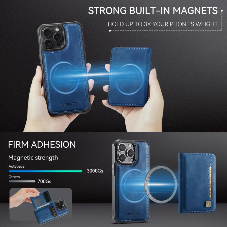 For iPhone 15 Pro Max AutSpace A13 MagSafe Magnetic RFID Flip Card Bag Phone Case