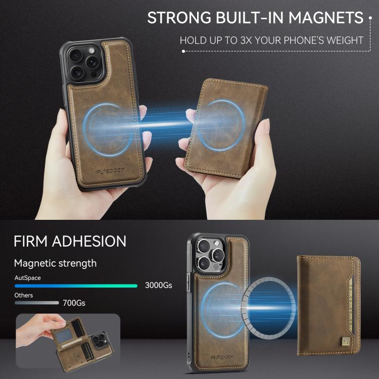 For iPhone 15 Pro Max AutSpace A13 MagSafe Magnetic RFID Flip Card Bag Phone Case