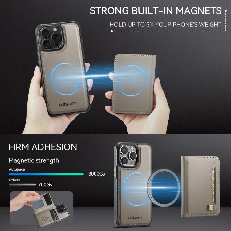 For iPhone 15 Pro AutSpace A13 MagSafe Magnetic RFID Flip Card Bag Phone Case