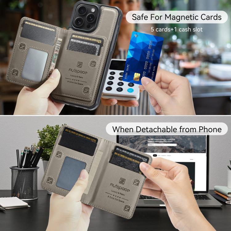 For iPhone 15 Pro AutSpace A13 MagSafe Magnetic RFID Flip Card Bag Phone Case