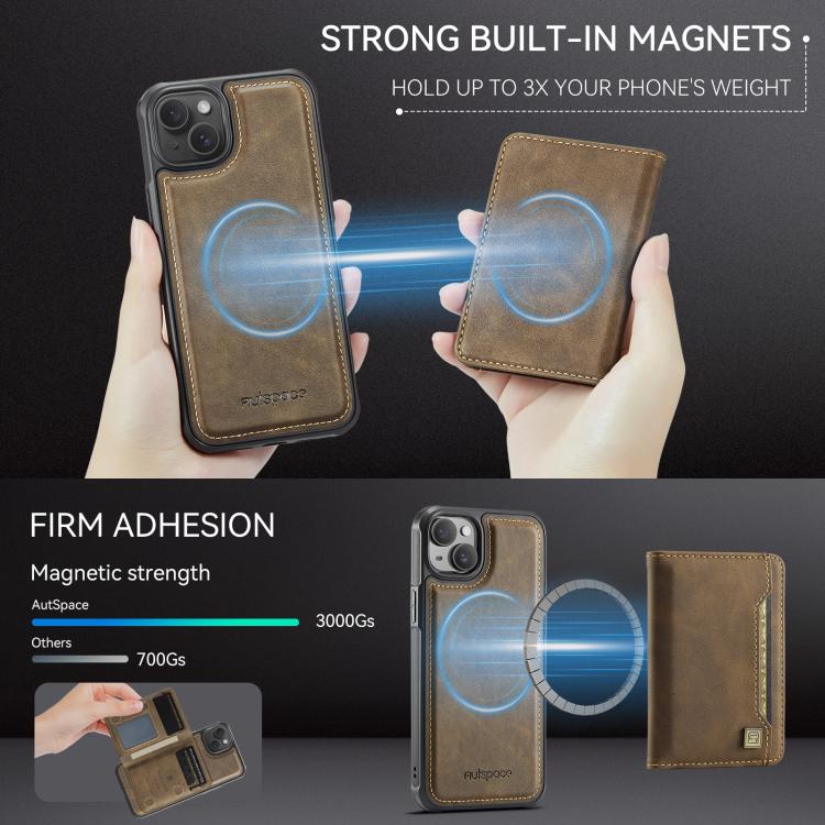For iPhone 15 AutSpace A13 MagSafe Magnetic RFID Flip Card Bag Phone Case