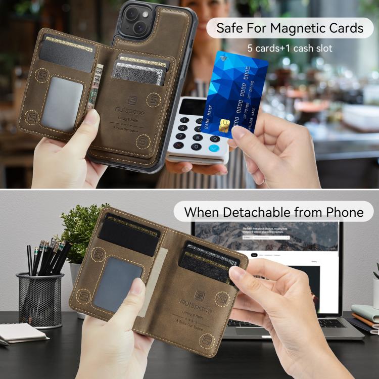 For iPhone 15 AutSpace A13 MagSafe Magnetic RFID Flip Card Bag Phone Case