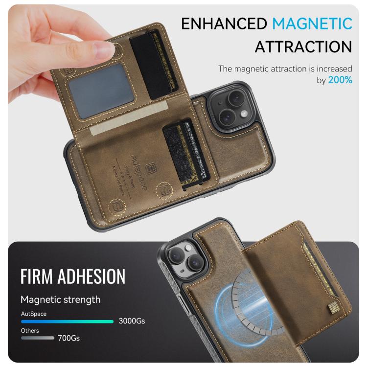 For iPhone 15 AutSpace A13 MagSafe Magnetic RFID Flip Card Bag Phone Case