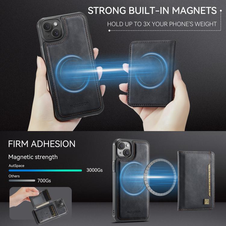 For iPhone 15 AutSpace A13 MagSafe Magnetic RFID Flip Card Bag Phone Case