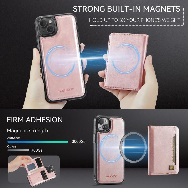 For iPhone 15 AutSpace A13 MagSafe Magnetic RFID Flip Card Bag Phone Case